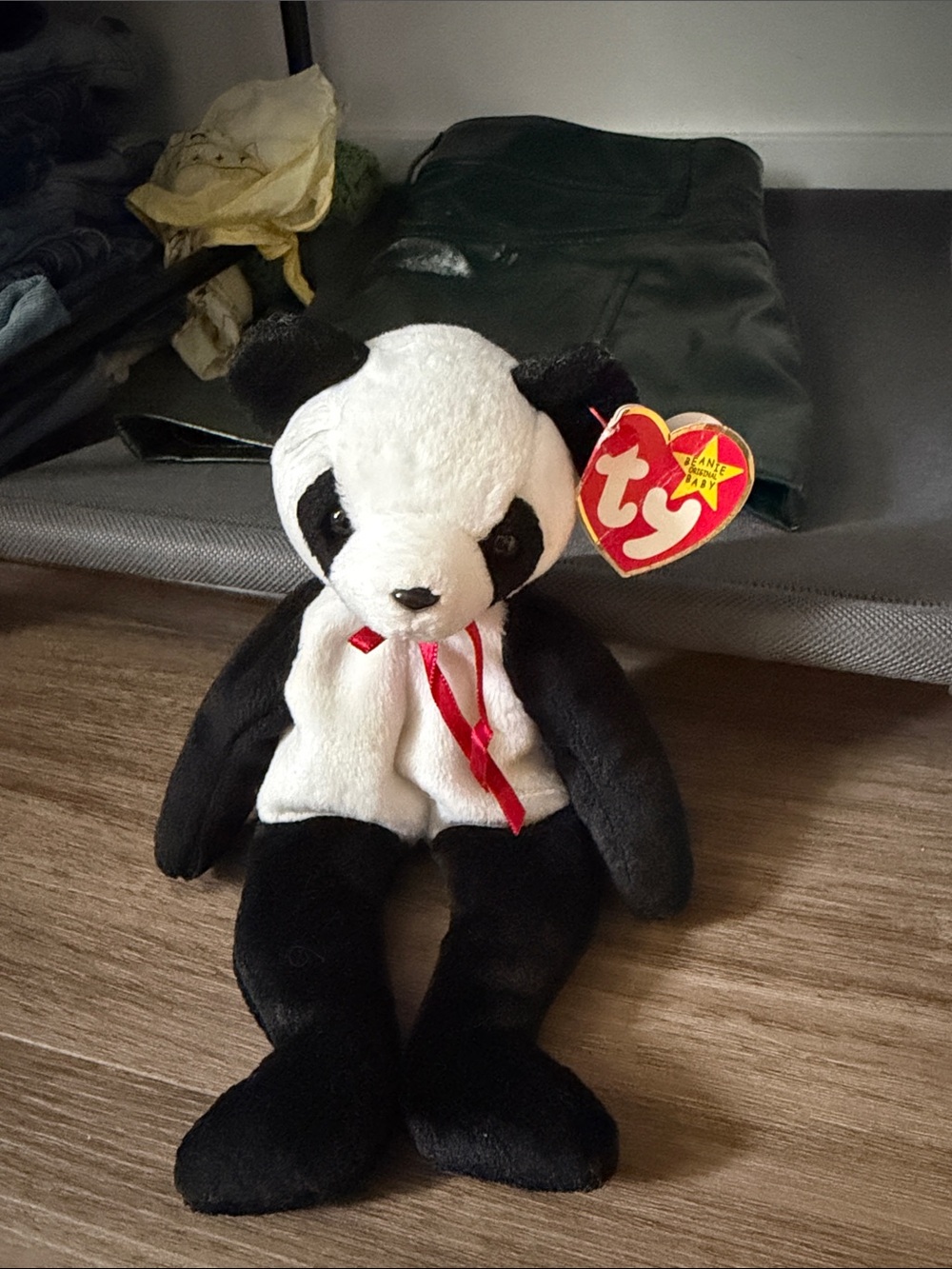 Ty Black & White Panda Plush with Heart Tag